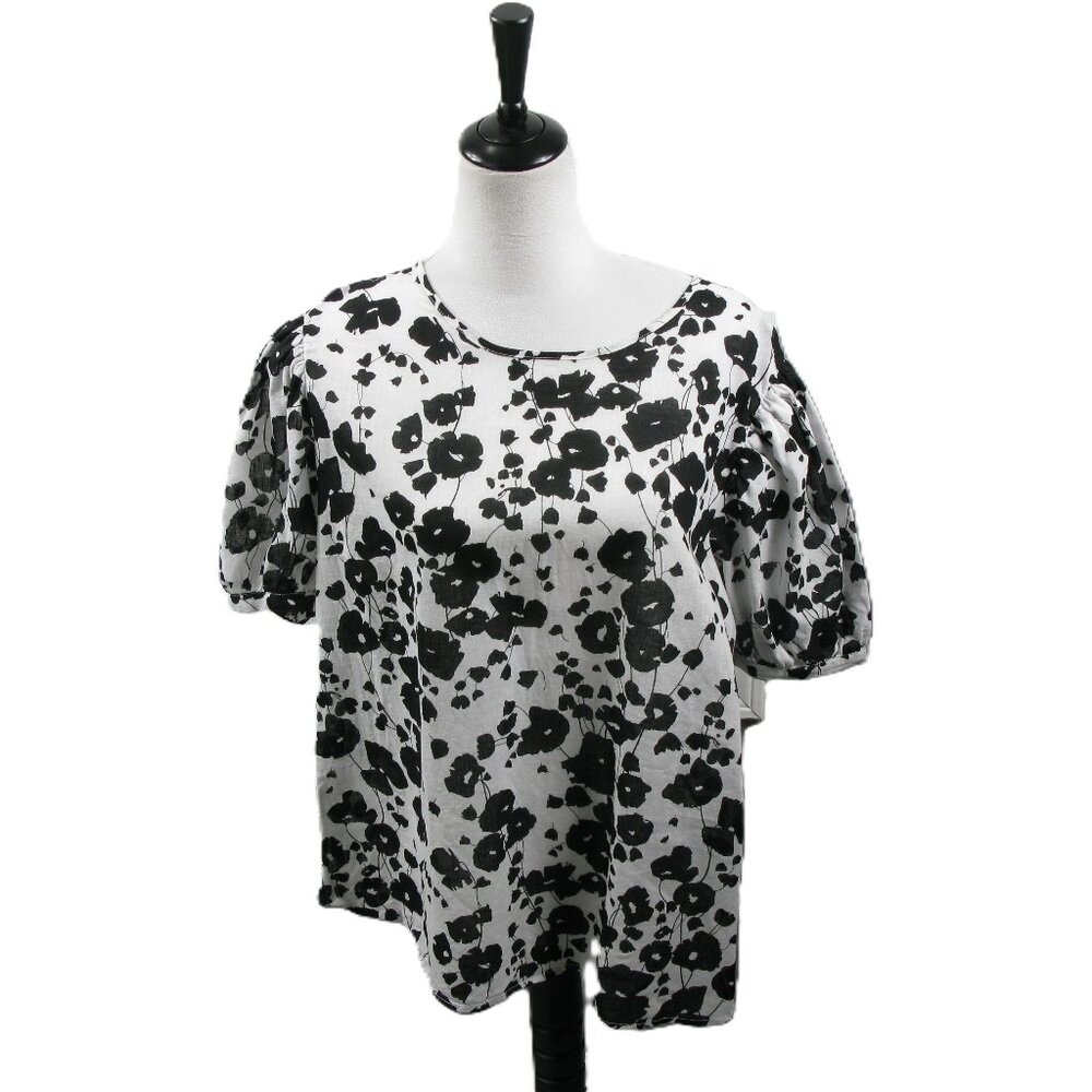 Worthington Black/White Floral Linen Blend Short Sleeve Blouse Size XL